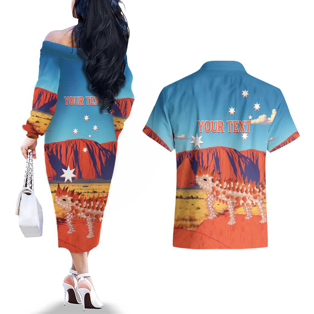Personalised Australia Thorny Devil Couples Matching Off The Shoulder Long Sleeve Dress and Hawaiian Shirt Nature's Armored Knights - Aussie Uluru
