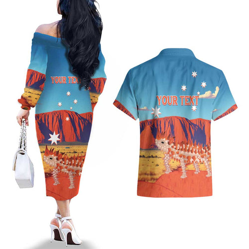 Personalised Australia Thorny Devil Couples Matching Off The Shoulder Long Sleeve Dress and Hawaiian Shirt Nature's Armored Knights - Aussie Uluru