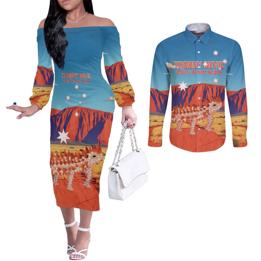 Personalised Australia Thorny Devil Couples Matching Off The Shoulder Long Sleeve Dress and Long Sleeve Button Shirt Nature's Armored Knights - Aussie Uluru