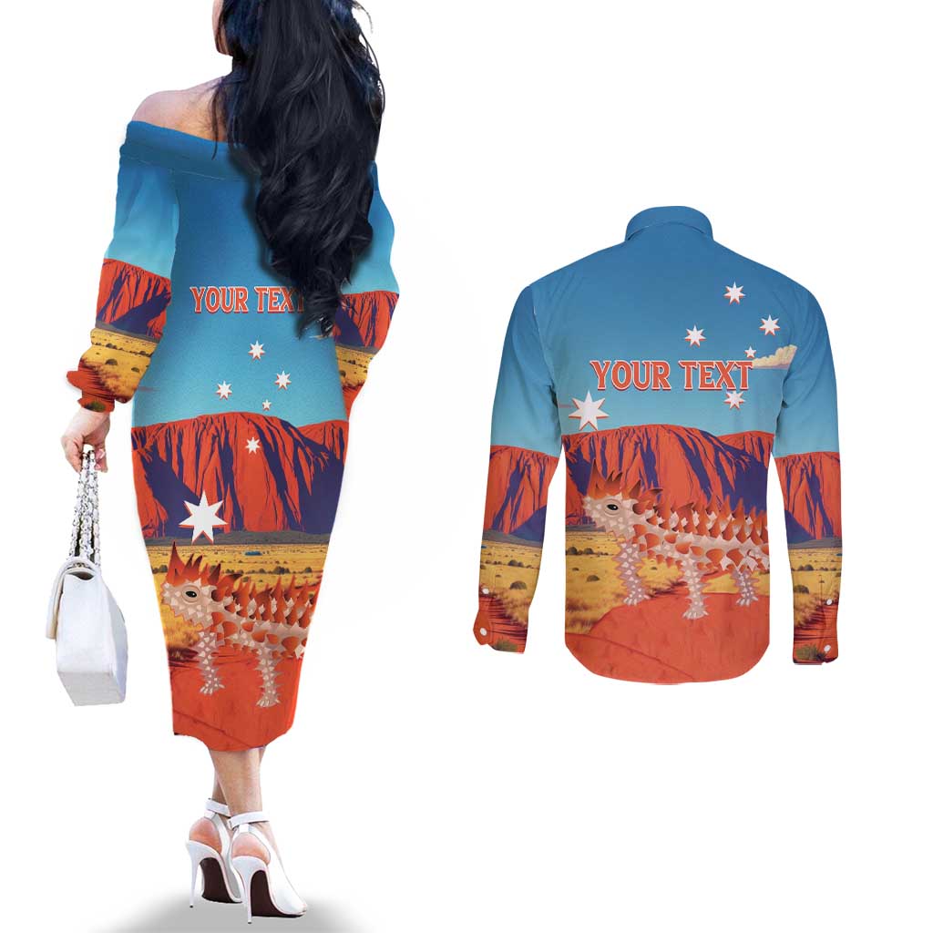 Personalised Australia Thorny Devil Couples Matching Off The Shoulder Long Sleeve Dress and Long Sleeve Button Shirt Nature's Armored Knights - Aussie Uluru