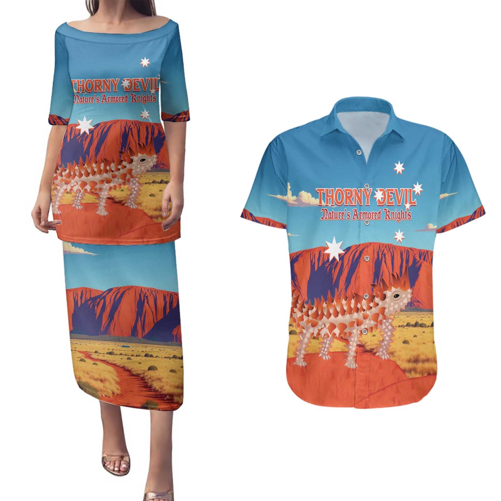 Personalised Australia Thorny Devil Couples Matching Puletasi and Hawaiian Shirt Nature's Armored Knights - Aussie Uluru