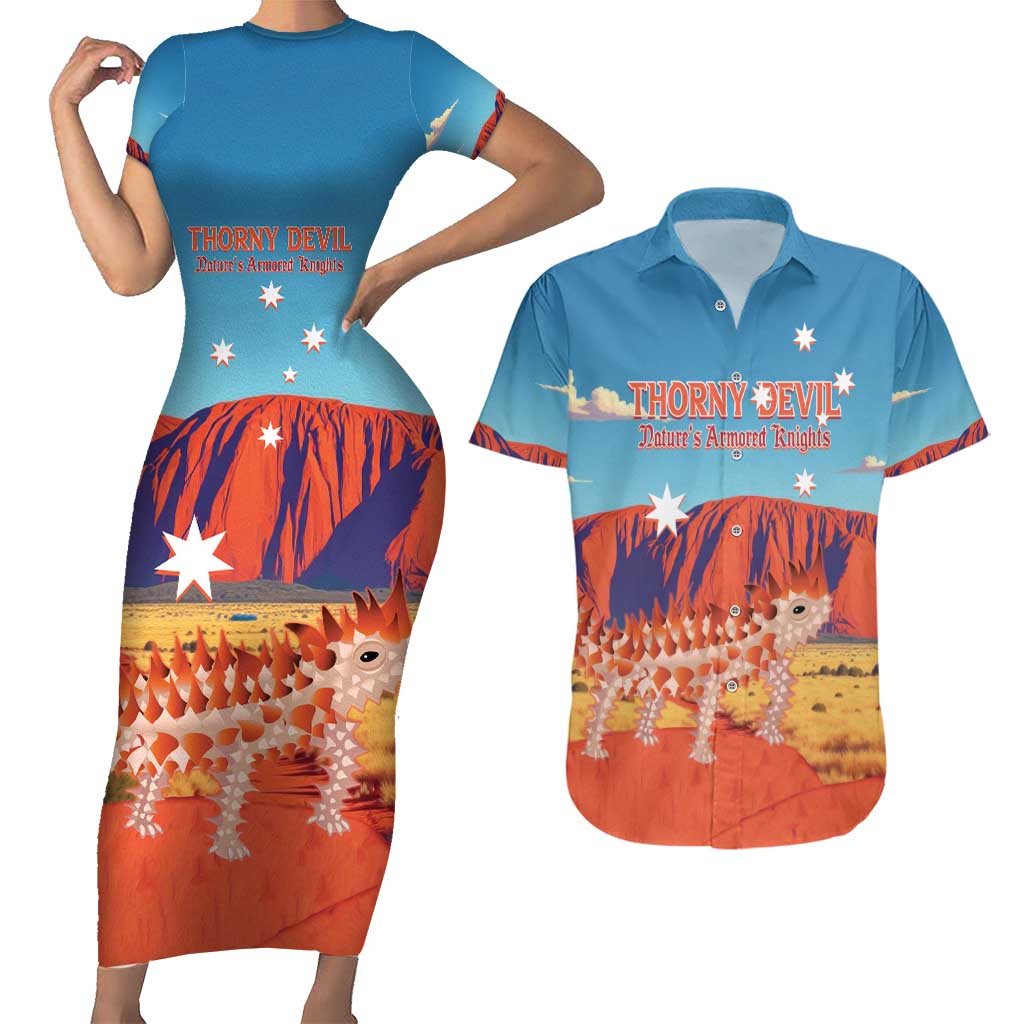 Personalised Australia Thorny Devil Couples Matching Short Sleeve Bodycon Dress and Hawaiian Shirt Nature's Armored Knights - Aussie Uluru