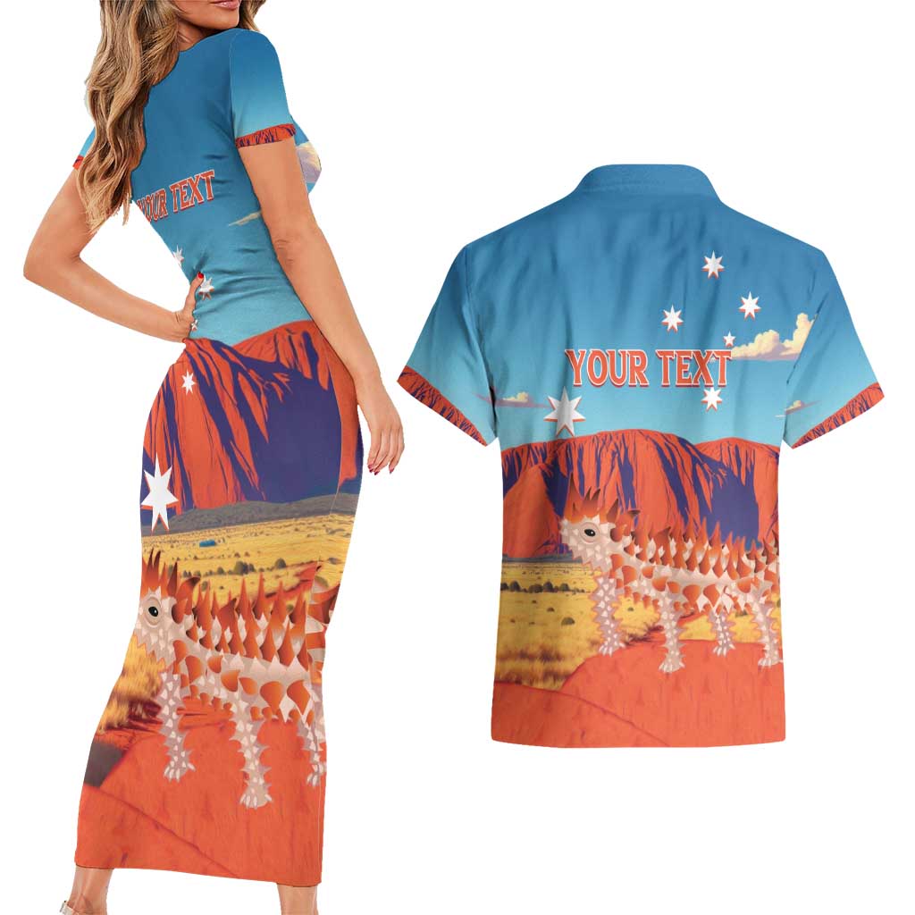 Personalised Australia Thorny Devil Couples Matching Short Sleeve Bodycon Dress and Hawaiian Shirt Nature's Armored Knights - Aussie Uluru