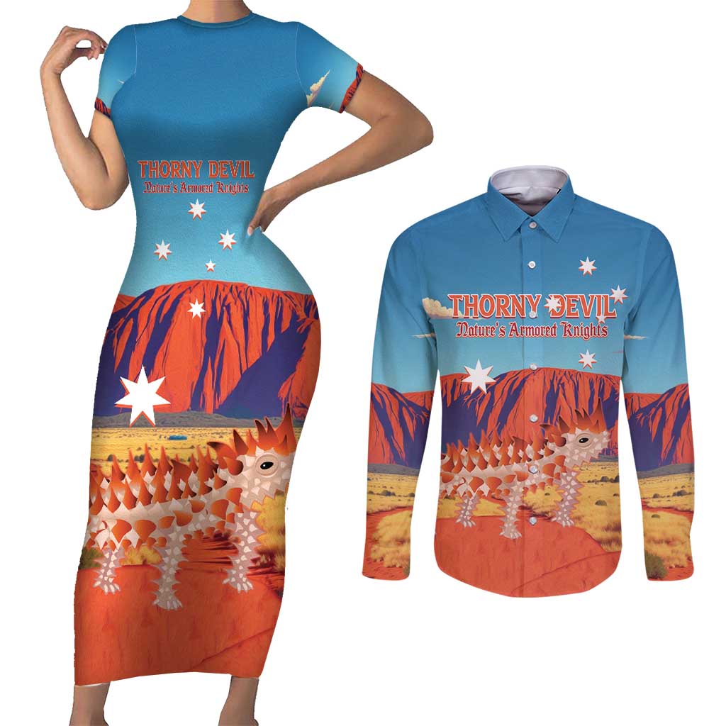 Personalised Australia Thorny Devil Couples Matching Short Sleeve Bodycon Dress and Long Sleeve Button Shirt Nature's Armored Knights - Aussie Uluru