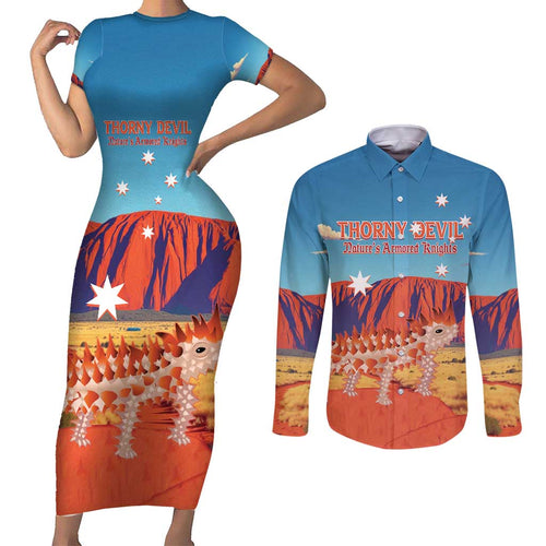 Personalised Australia Thorny Devil Couples Matching Short Sleeve Bodycon Dress and Long Sleeve Button Shirt Nature's Armored Knights - Aussie Uluru