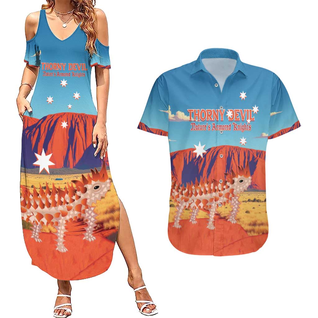Personalised Australia Thorny Devil Couples Matching Summer Maxi Dress and Hawaiian Shirt Nature's Armored Knights - Aussie Uluru