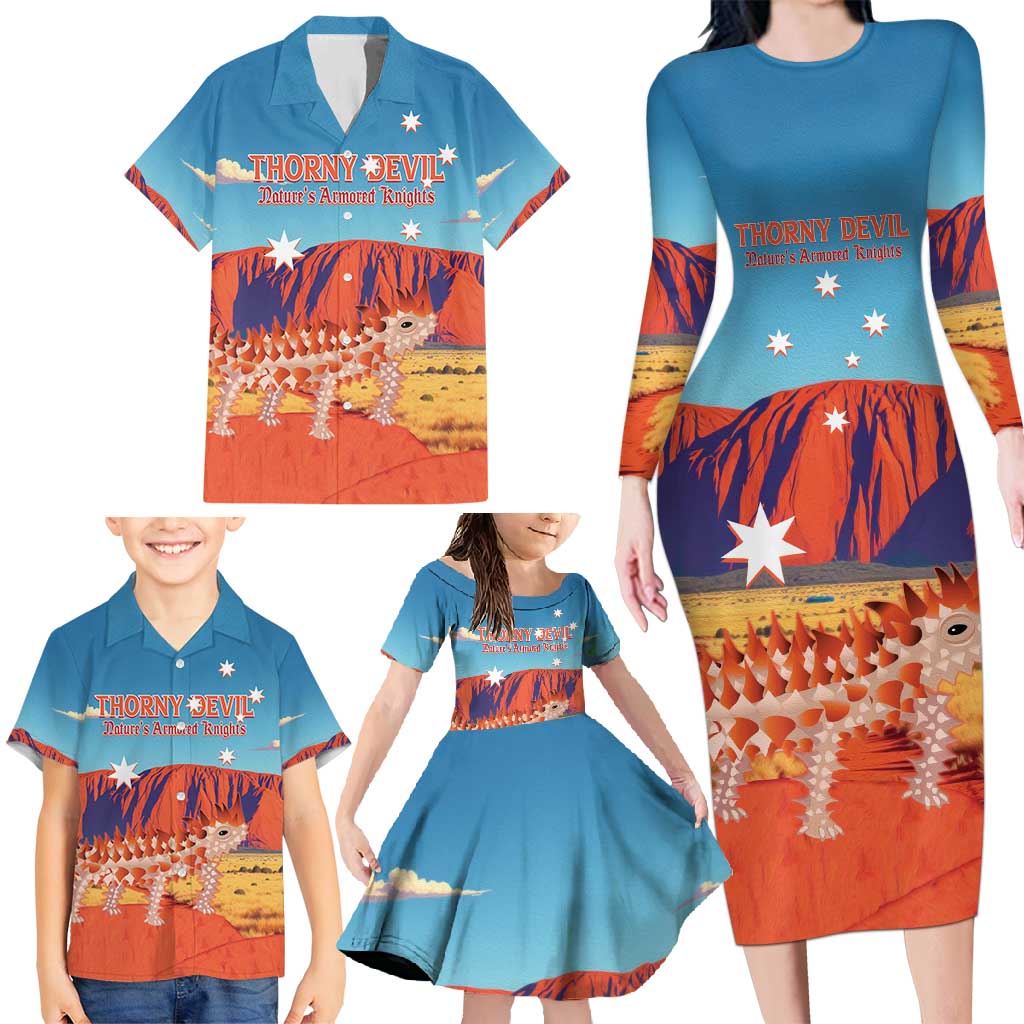 Personalised Australia Thorny Devil Family Matching Long Sleeve Bodycon Dress and Hawaiian Shirt Nature's Armored Knights - Aussie Uluru