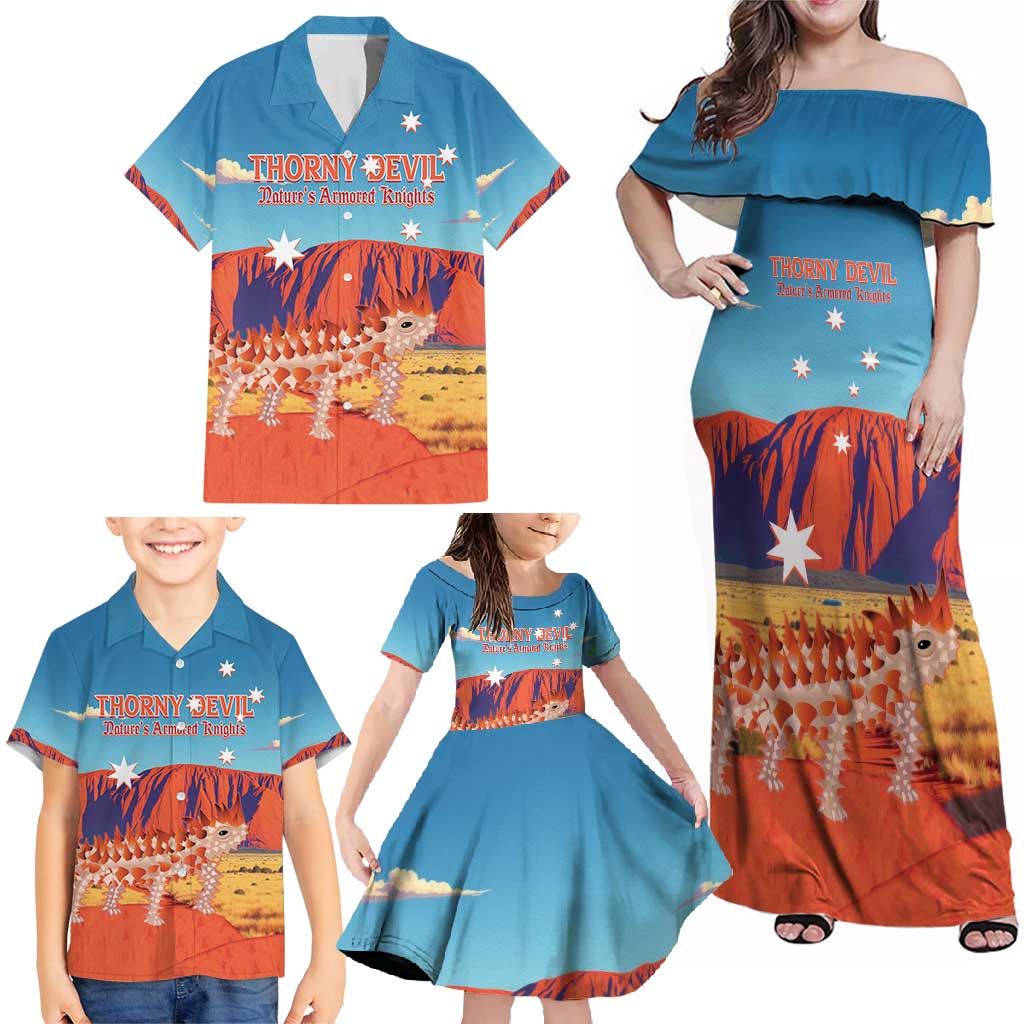 Personalised Australia Thorny Devil Family Matching Off Shoulder Maxi Dress and Hawaiian Shirt Nature's Armored Knights - Aussie Uluru