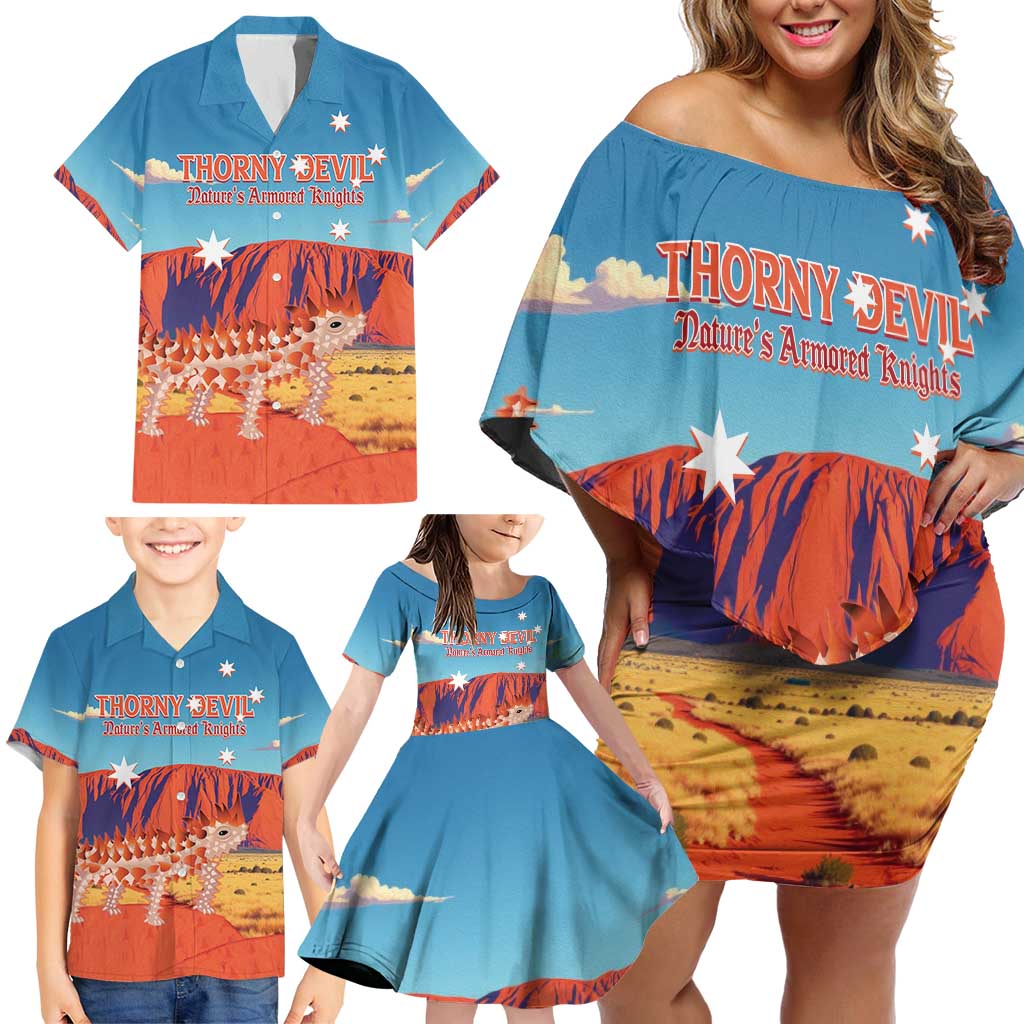 Personalised Australia Thorny Devil Family Matching Off Shoulder Short Dress and Hawaiian Shirt Nature's Armored Knights - Aussie Uluru