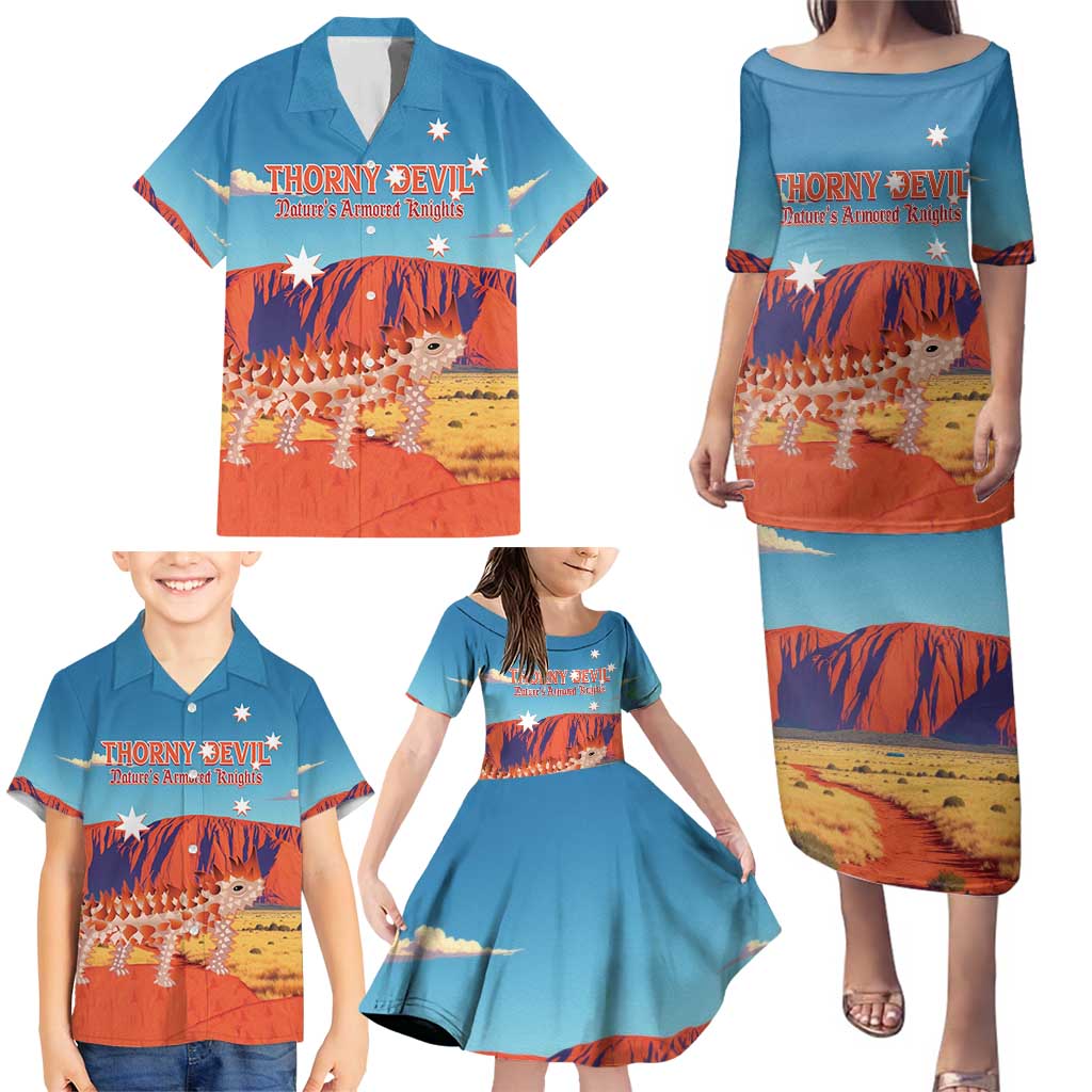 Personalised Australia Thorny Devil Family Matching Puletasi and Hawaiian Shirt Nature's Armored Knights - Aussie Uluru