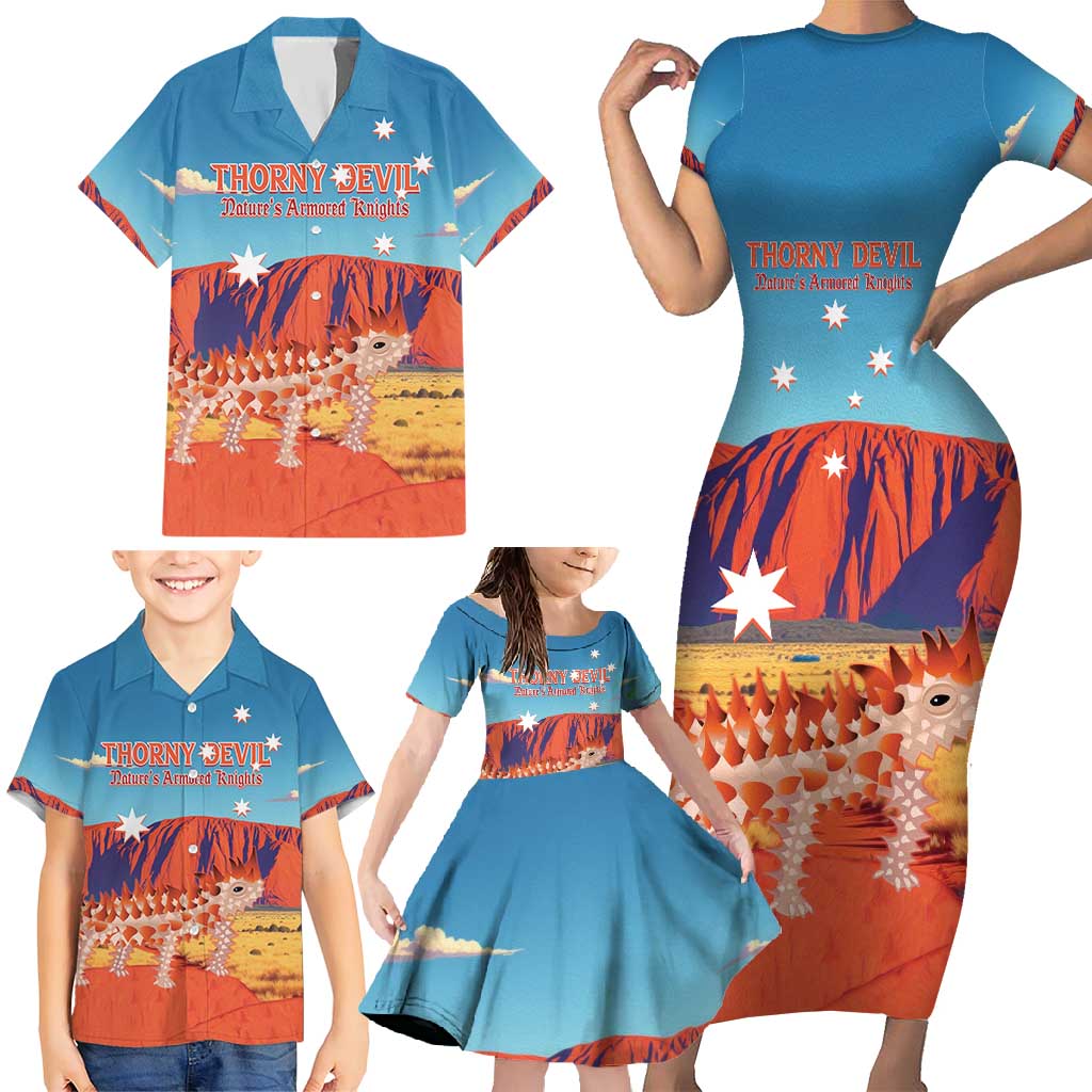 Personalised Australia Thorny Devil Family Matching Short Sleeve Bodycon Dress and Hawaiian Shirt Nature's Armored Knights - Aussie Uluru