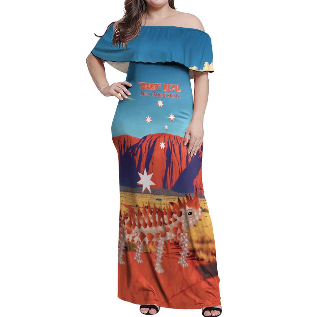 Personalised Australia Thorny Devil Off Shoulder Maxi Dress Nature's Armored Knights - Aussie Uluru