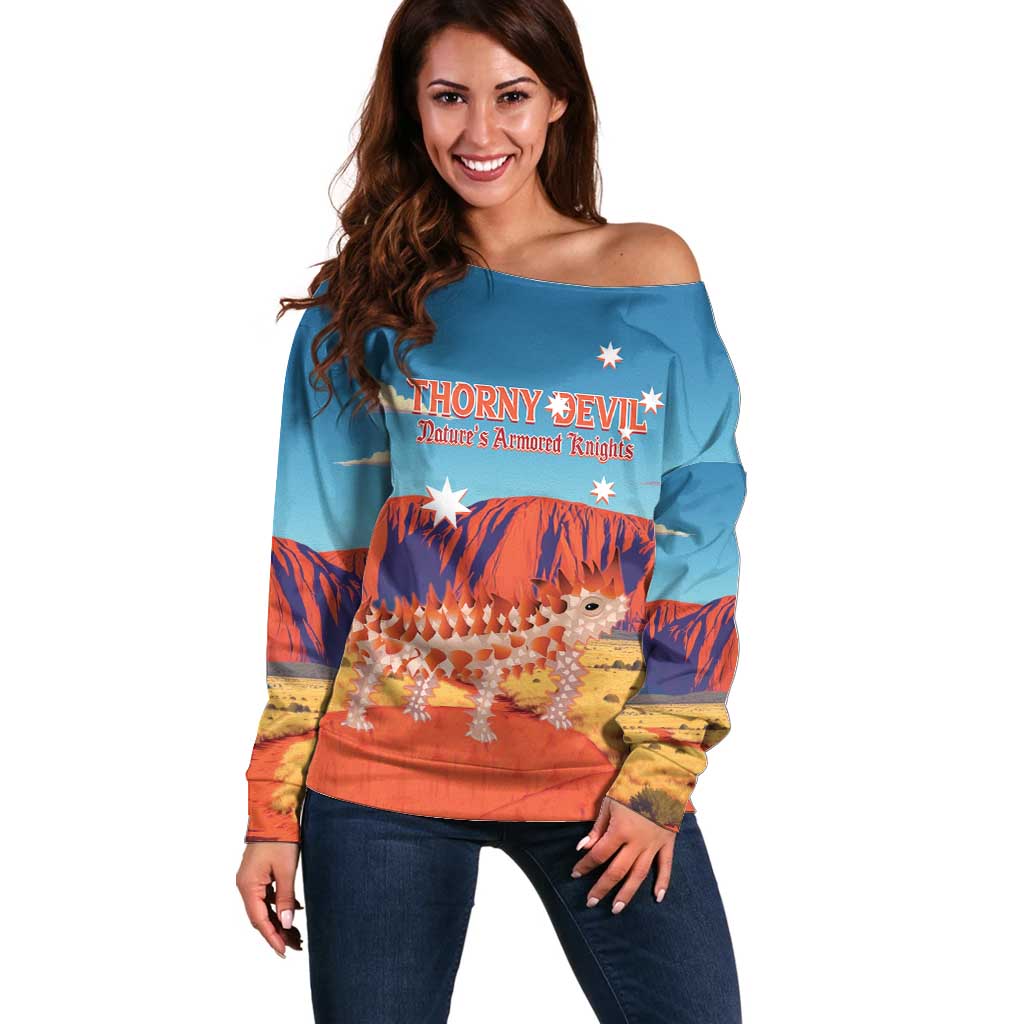 Personalised Australia Thorny Devil Off Shoulder Sweater Nature's Armored Knights - Aussie Uluru