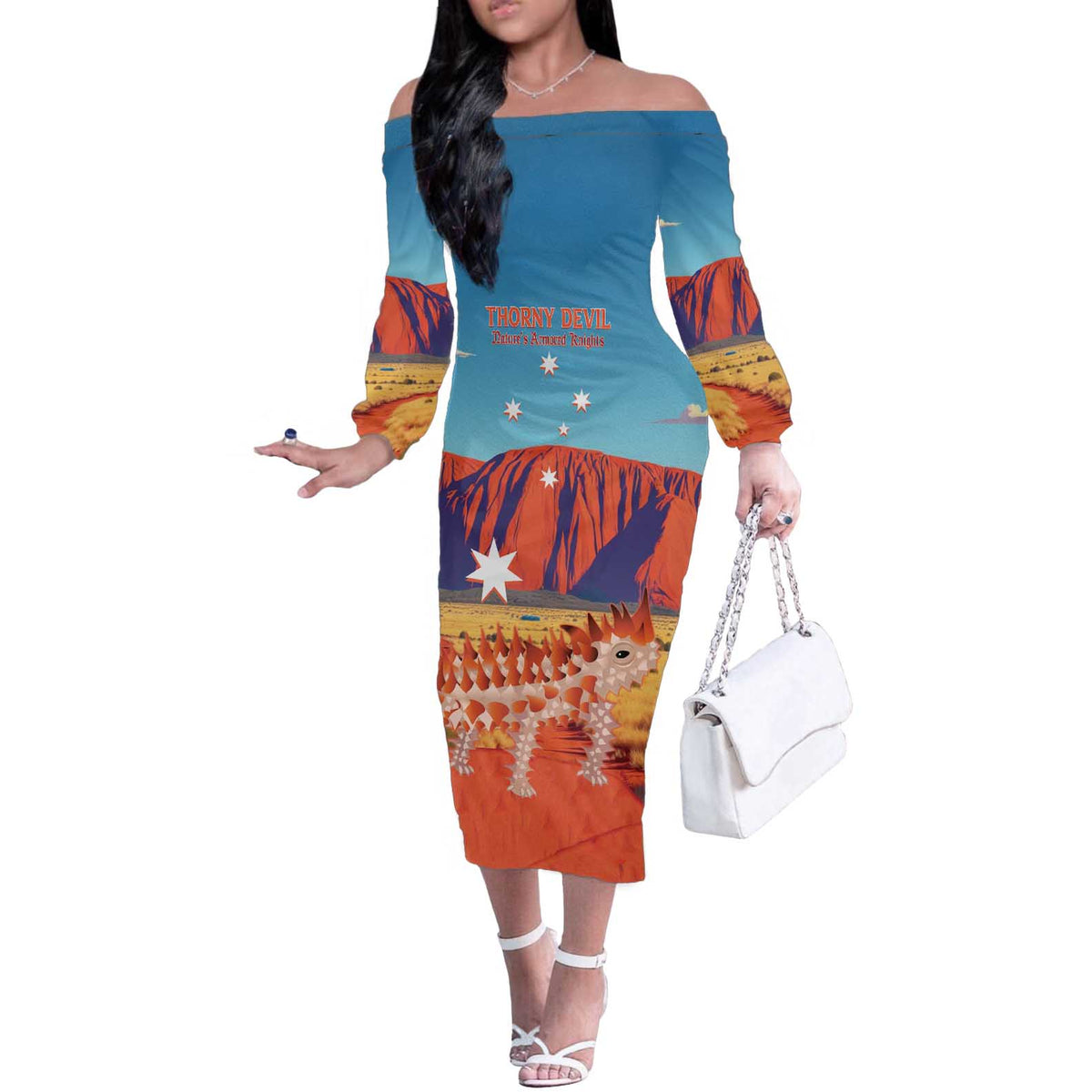 Personalised Australia Thorny Devil Off The Shoulder Long Sleeve Dress Nature's Armored Knights - Aussie Uluru