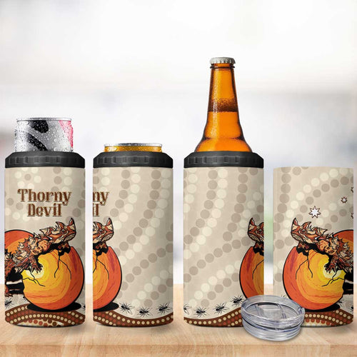 Thorny Devil Australia 4 in 1 Can Cooler Tumbler Baby Moloch Horridus With Ants - Aboriginal Art