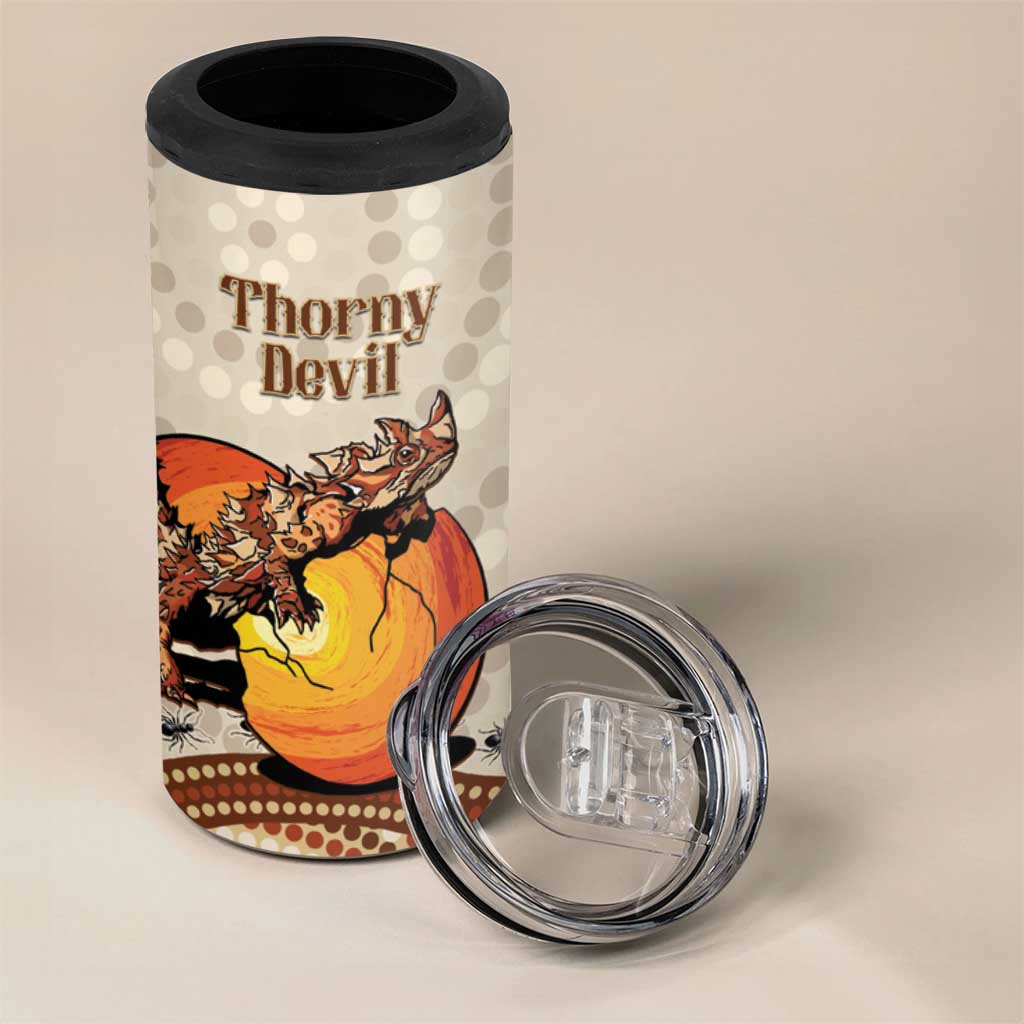 Thorny Devil Australia 4 in 1 Can Cooler Tumbler Baby Moloch Horridus With Ants - Aboriginal Art
