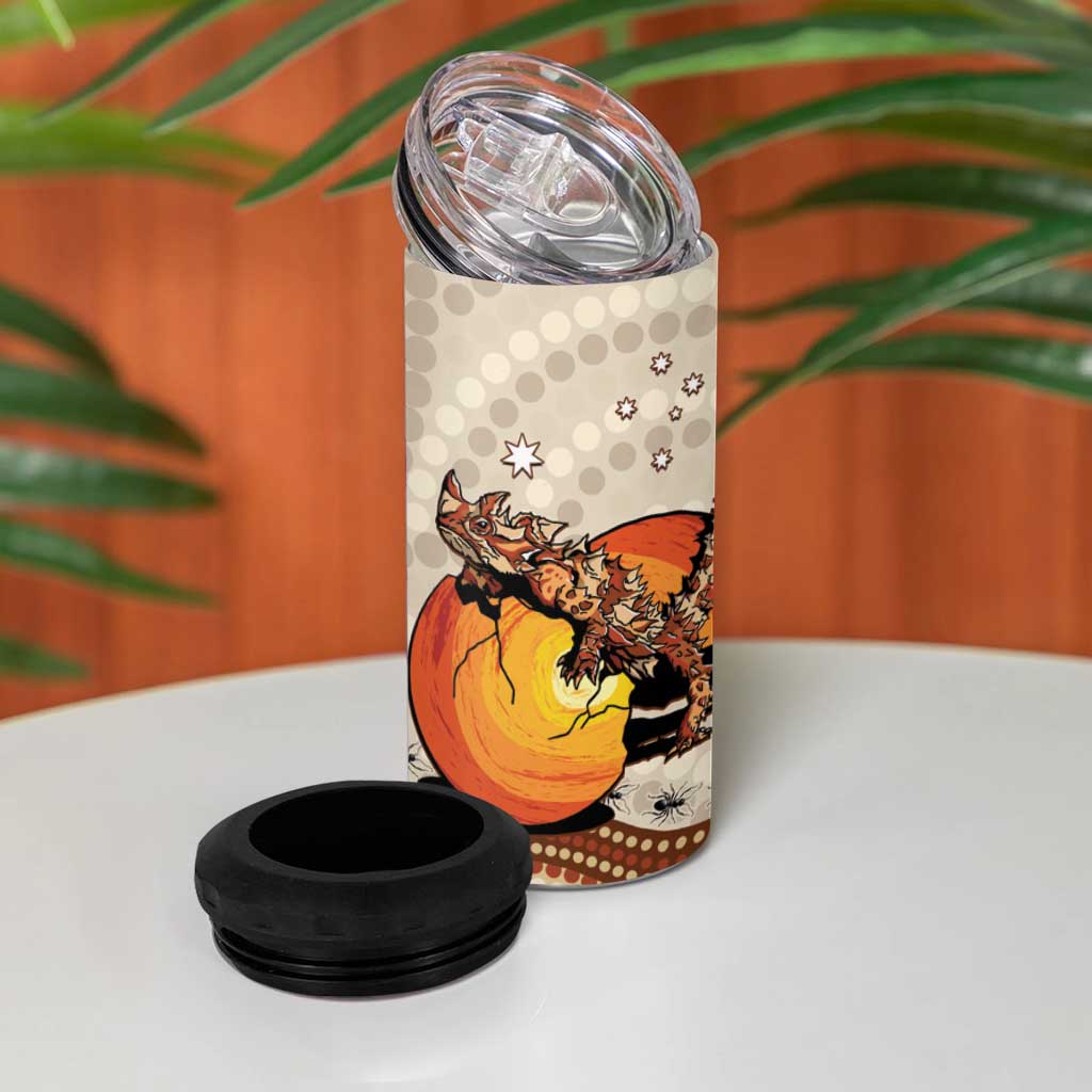 Thorny Devil Australia 4 in 1 Can Cooler Tumbler Baby Moloch Horridus With Ants - Aboriginal Art