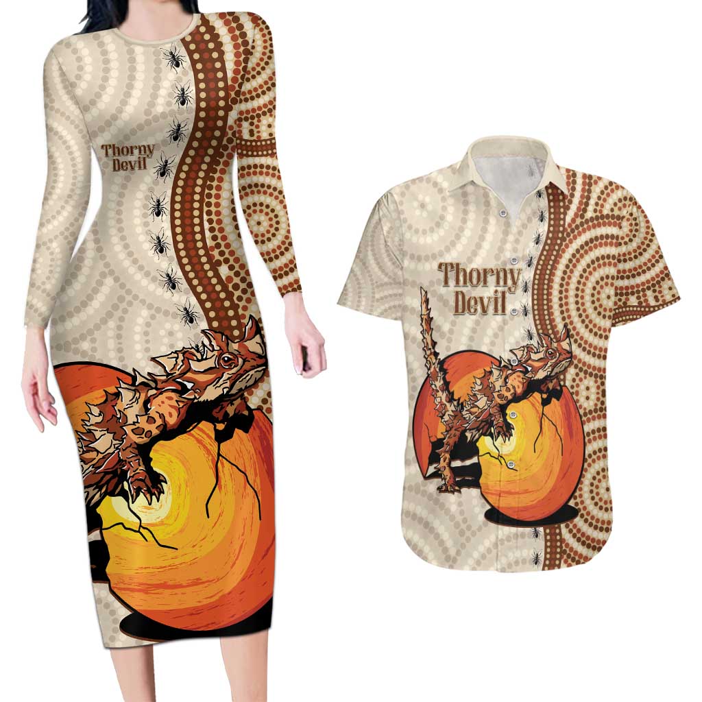 Thorny Devil Australia Couples Matching Long Sleeve Bodycon Dress and Hawaiian Shirt Baby Moloch Horridus With Ants - Aboriginal Art