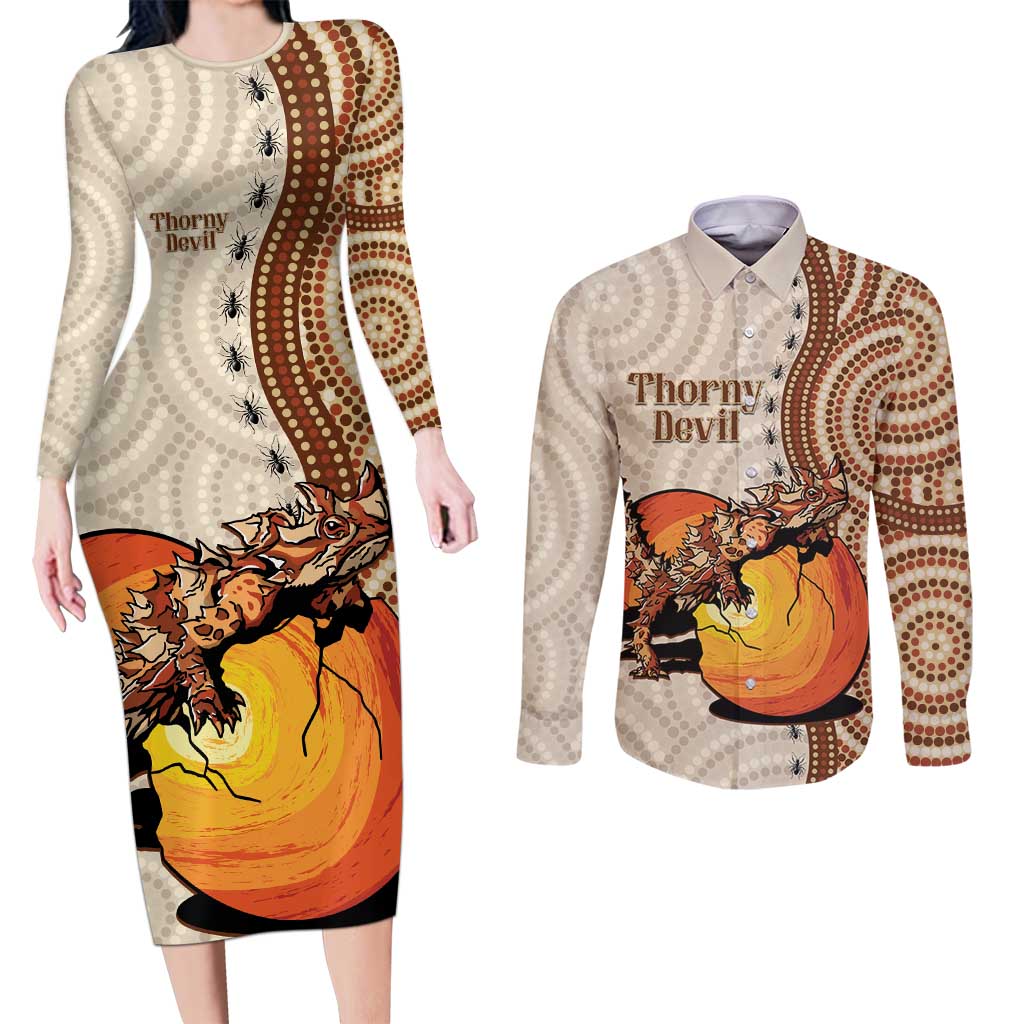 Thorny Devil Australia Couples Matching Long Sleeve Bodycon Dress and Long Sleeve Button Shirt Baby Moloch Horridus With Ants - Aboriginal Art