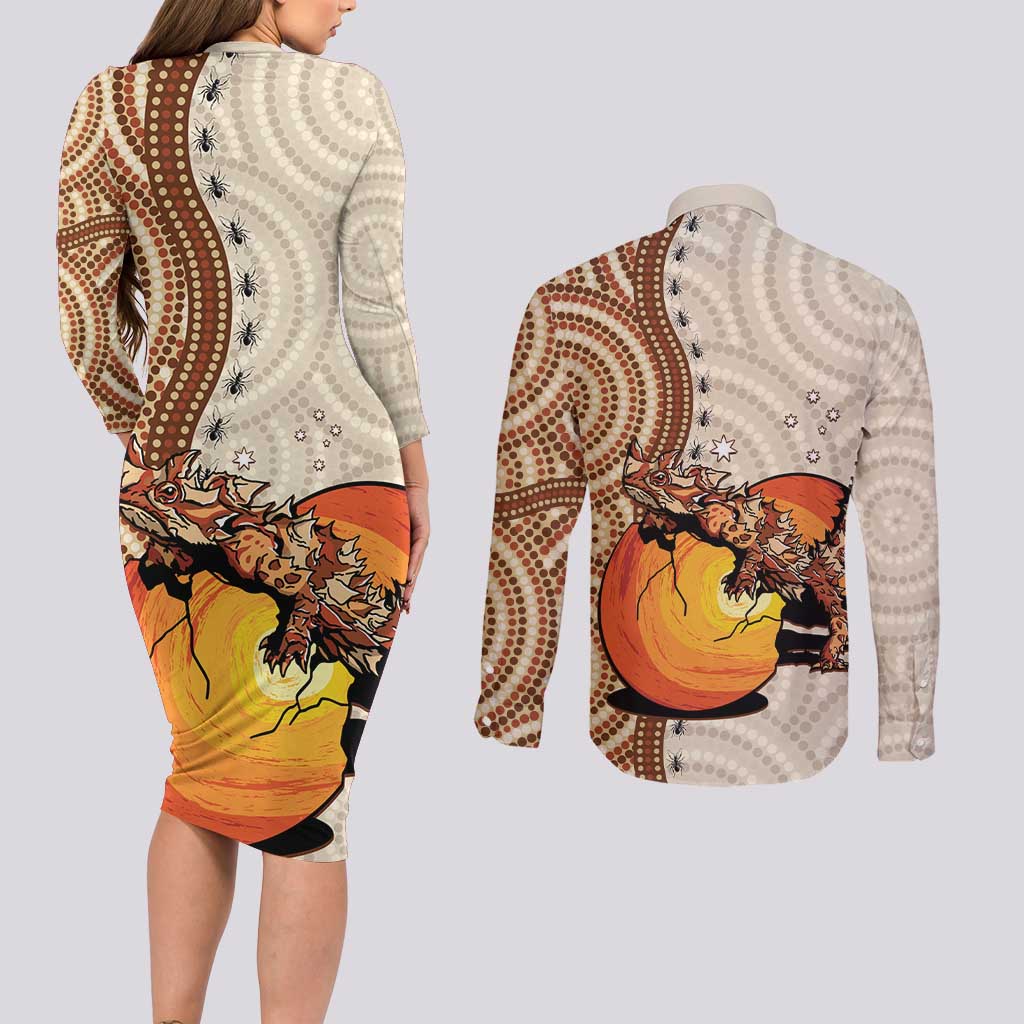 Thorny Devil Australia Couples Matching Long Sleeve Bodycon Dress and Long Sleeve Button Shirt Baby Moloch Horridus With Ants - Aboriginal Art