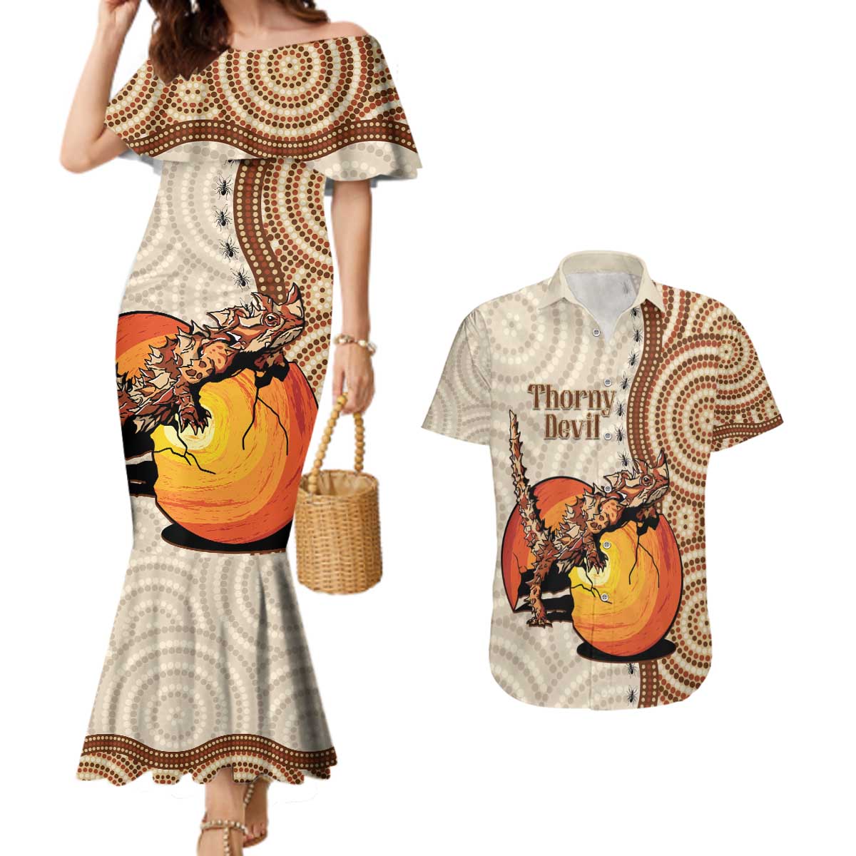 Thorny Devil Australia Couples Matching Mermaid Dress and Hawaiian Shirt Baby Moloch Horridus With Ants - Aboriginal Art