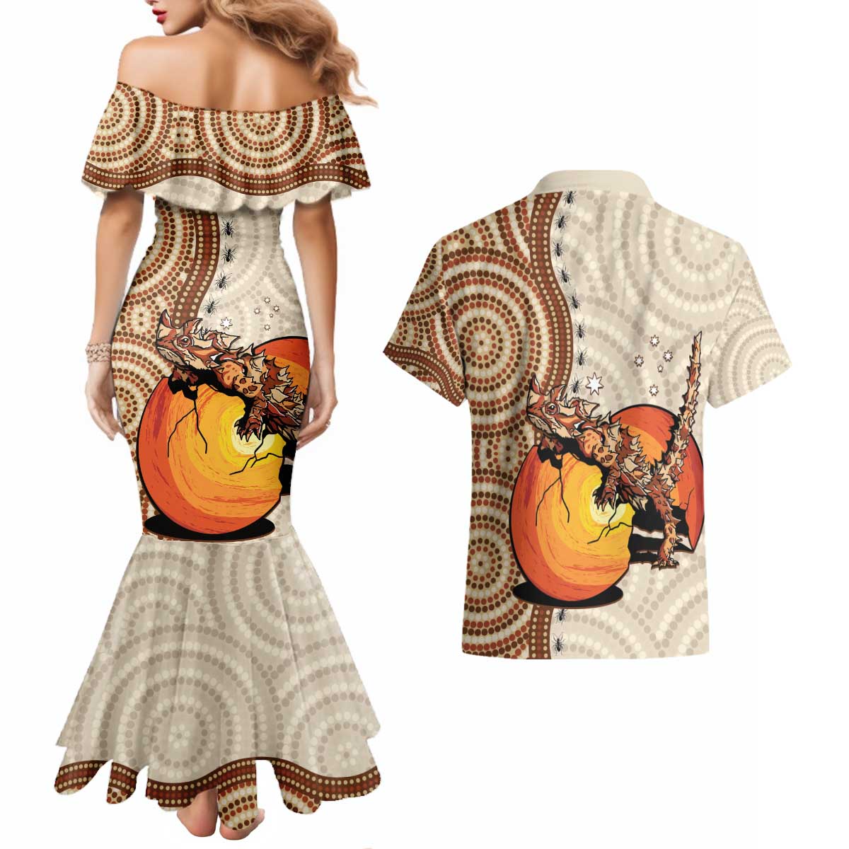 Thorny Devil Australia Couples Matching Mermaid Dress and Hawaiian Shirt Baby Moloch Horridus With Ants - Aboriginal Art