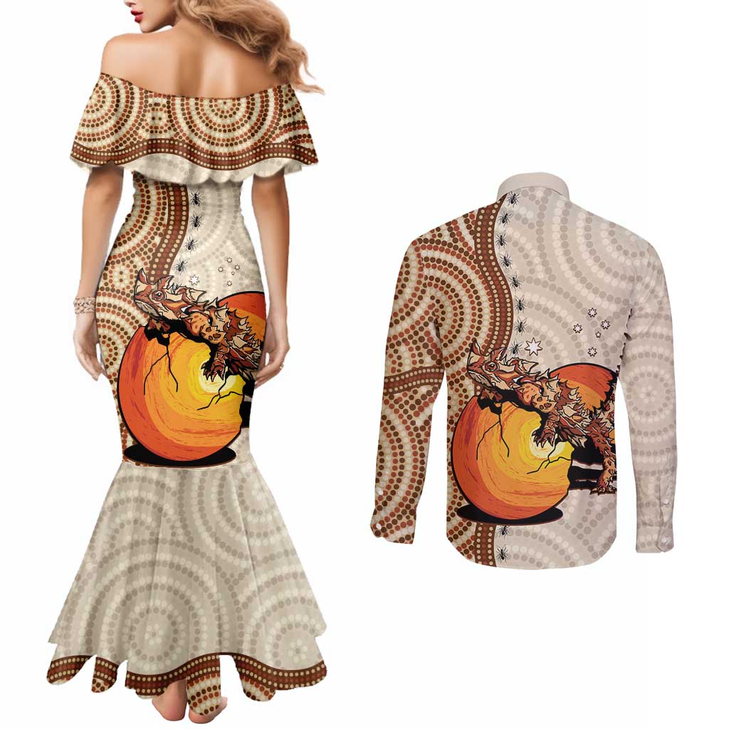 Thorny Devil Australia Couples Matching Mermaid Dress and Long Sleeve Button Shirt Baby Moloch Horridus With Ants - Aboriginal Art