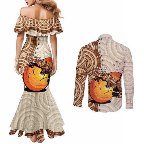 Thorny Devil Australia Couples Matching Mermaid Dress and Long Sleeve Button Shirt Baby Moloch Horridus With Ants - Aboriginal Art
