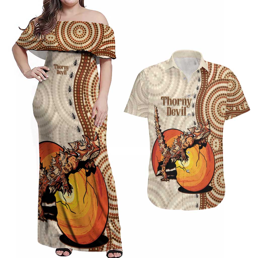 Thorny Devil Australia Couples Matching Off Shoulder Maxi Dress and Hawaiian Shirt Baby Moloch Horridus With Ants - Aboriginal Art