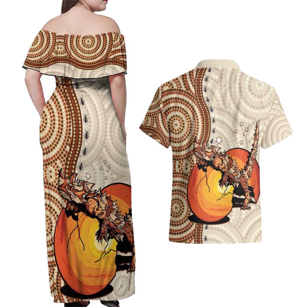 Thorny Devil Australia Couples Matching Off Shoulder Maxi Dress and Hawaiian Shirt Baby Moloch Horridus With Ants - Aboriginal Art