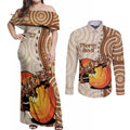 Thorny Devil Australia Couples Matching Off Shoulder Maxi Dress and Long Sleeve Button Shirt Baby Moloch Horridus With Ants - Aboriginal Art