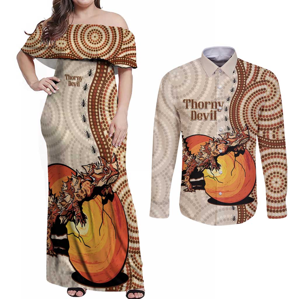 Thorny Devil Australia Couples Matching Off Shoulder Maxi Dress and Long Sleeve Button Shirt Baby Moloch Horridus With Ants - Aboriginal Art