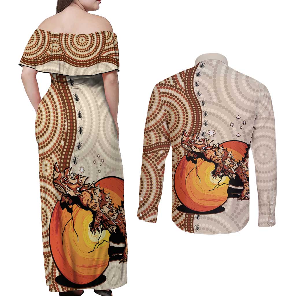 Thorny Devil Australia Couples Matching Off Shoulder Maxi Dress and Long Sleeve Button Shirt Baby Moloch Horridus With Ants - Aboriginal Art