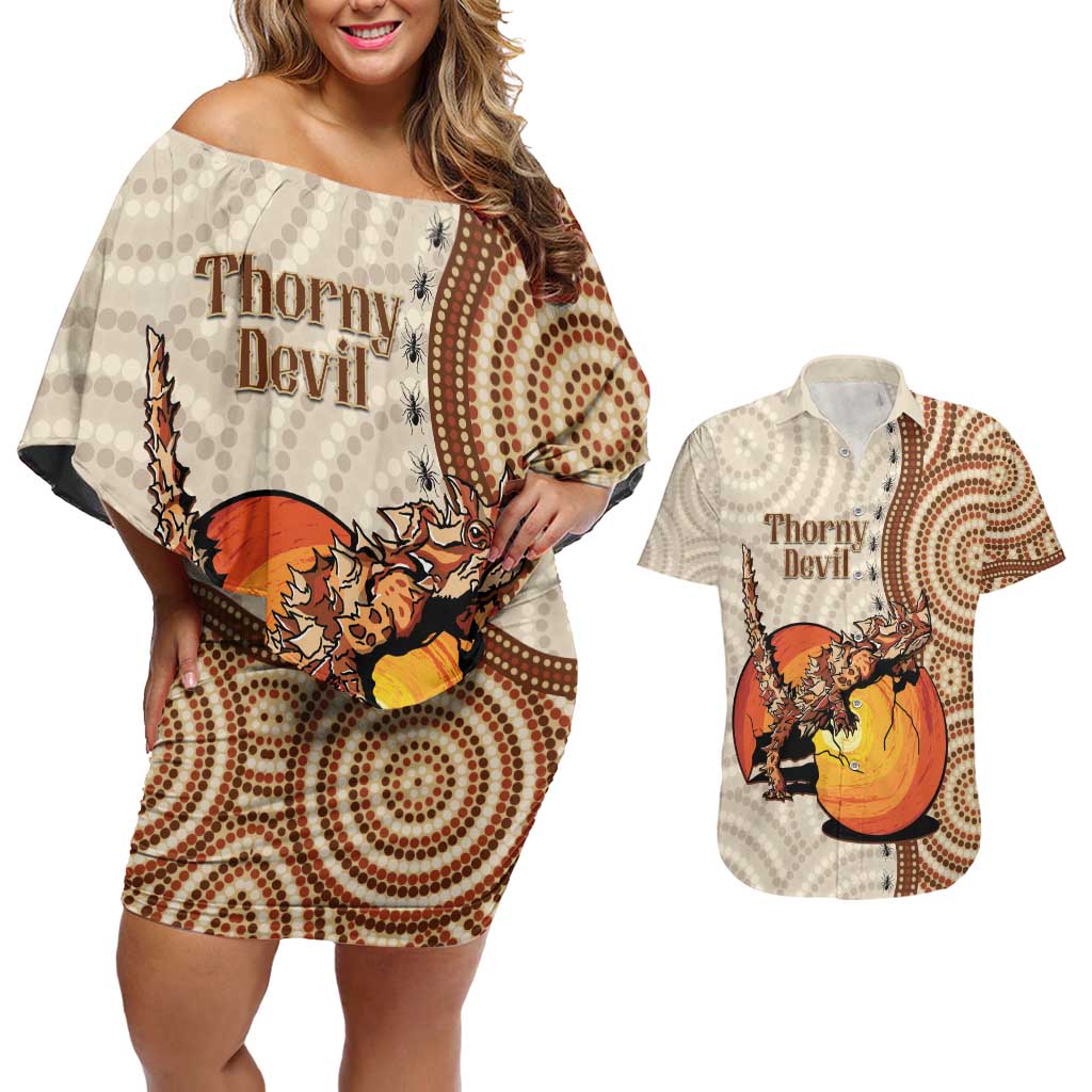 Thorny Devil Australia Couples Matching Off Shoulder Short Dress and Hawaiian Shirt Baby Moloch Horridus With Ants - Aboriginal Art