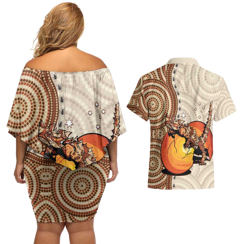 Thorny Devil Australia Couples Matching Off Shoulder Short Dress and Hawaiian Shirt Baby Moloch Horridus With Ants - Aboriginal Art