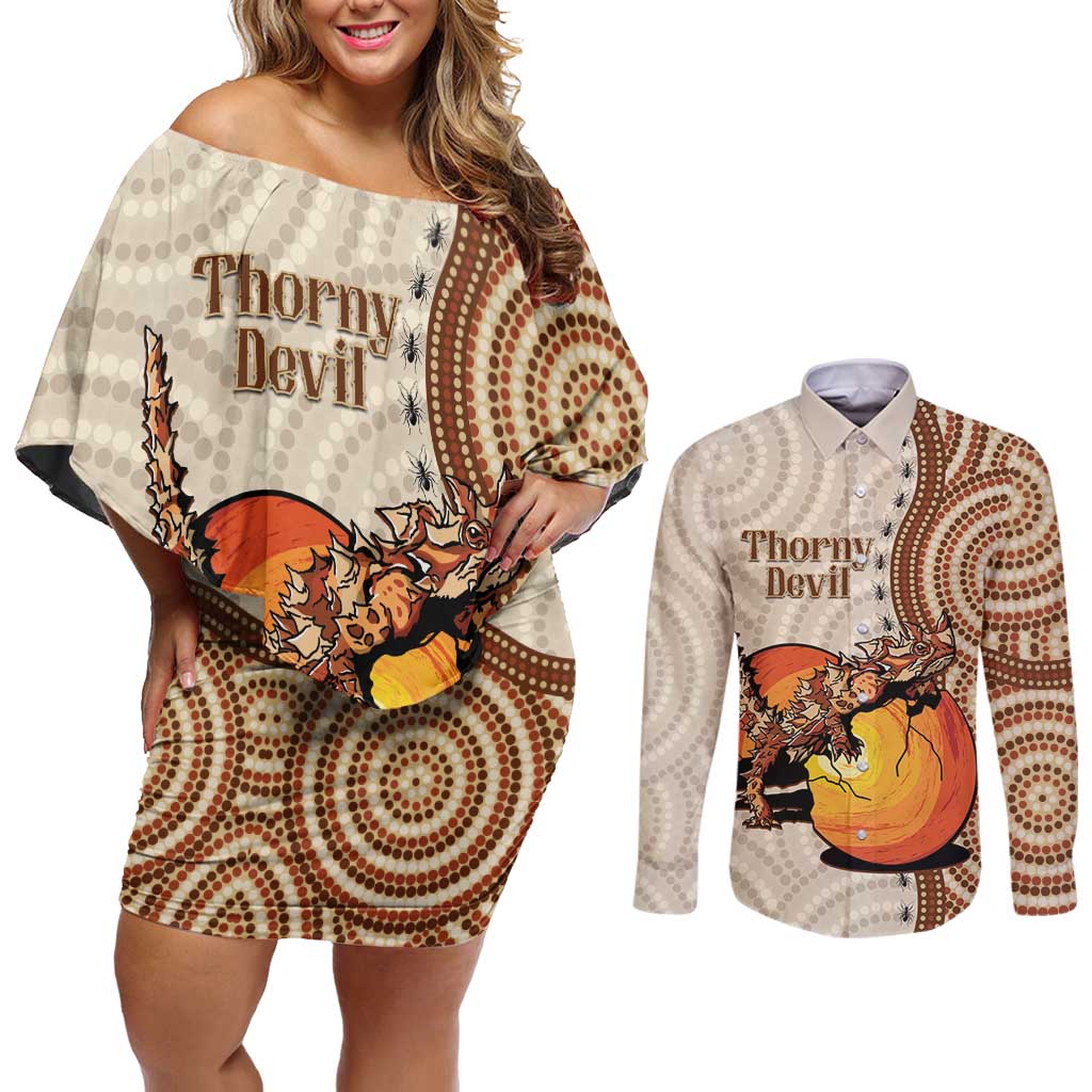 Thorny Devil Australia Couples Matching Off Shoulder Short Dress and Long Sleeve Button Shirt Baby Moloch Horridus With Ants - Aboriginal Art