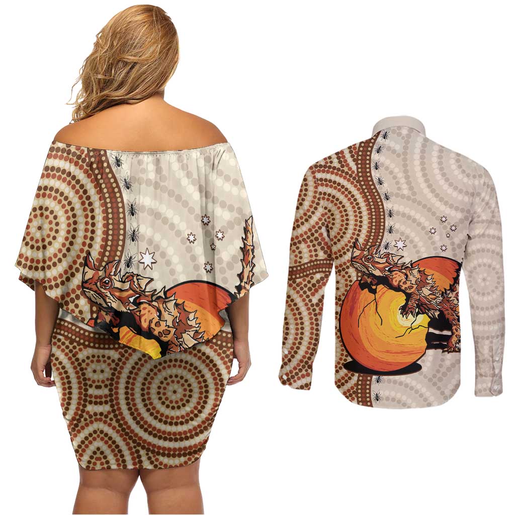 Thorny Devil Australia Couples Matching Off Shoulder Short Dress and Long Sleeve Button Shirt Baby Moloch Horridus With Ants - Aboriginal Art