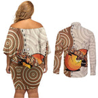 Thorny Devil Australia Couples Matching Off Shoulder Short Dress and Long Sleeve Button Shirt Baby Moloch Horridus With Ants - Aboriginal Art