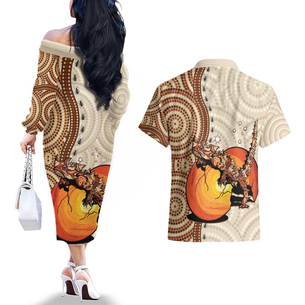 Thorny Devil Australia Couples Matching Off The Shoulder Long Sleeve Dress and Hawaiian Shirt Baby Moloch Horridus With Ants - Aboriginal Art