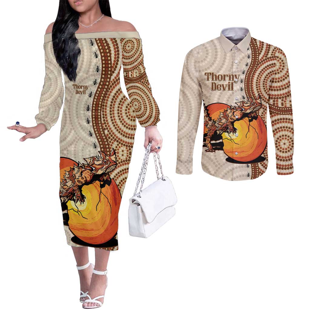 Thorny Devil Australia Couples Matching Off The Shoulder Long Sleeve Dress and Long Sleeve Button Shirt Baby Moloch Horridus With Ants - Aboriginal Art