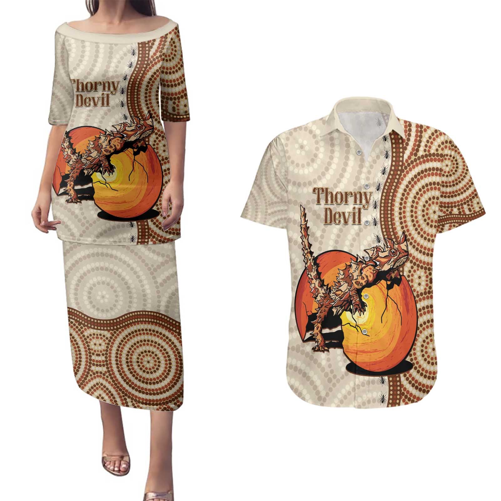 Thorny Devil Australia Couples Matching Puletasi and Hawaiian Shirt Baby Moloch Horridus With Ants - Aboriginal Art