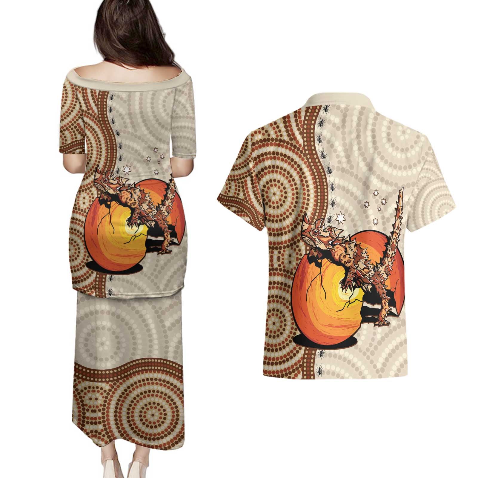 Thorny Devil Australia Couples Matching Puletasi and Hawaiian Shirt Baby Moloch Horridus With Ants - Aboriginal Art