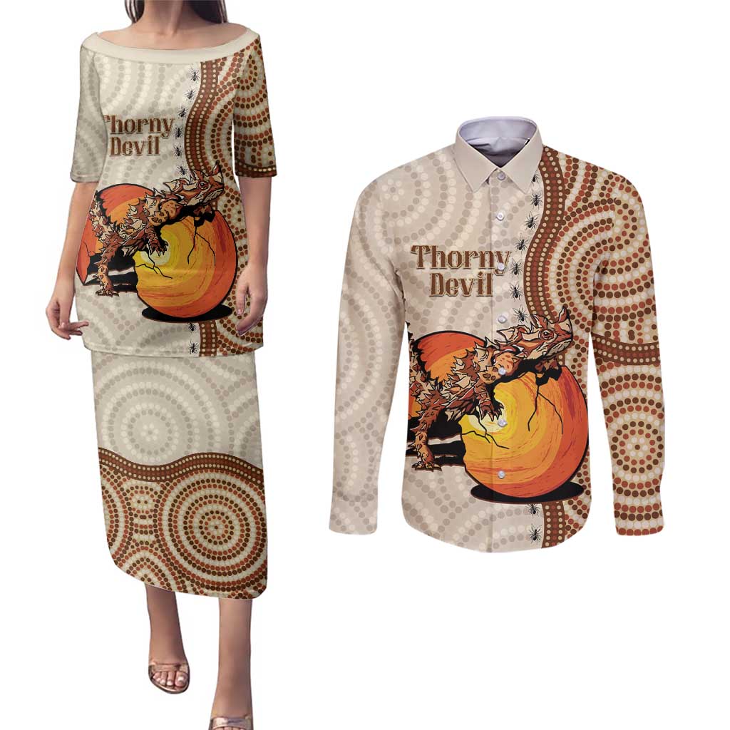 Thorny Devil Australia Couples Matching Puletasi and Long Sleeve Button Shirt Baby Moloch Horridus With Ants - Aboriginal Art