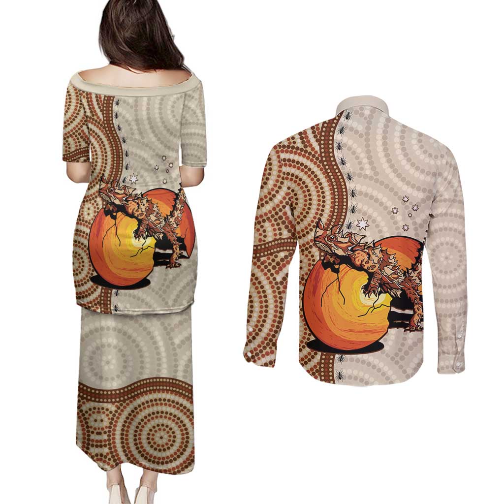 Thorny Devil Australia Couples Matching Puletasi and Long Sleeve Button Shirt Baby Moloch Horridus With Ants - Aboriginal Art