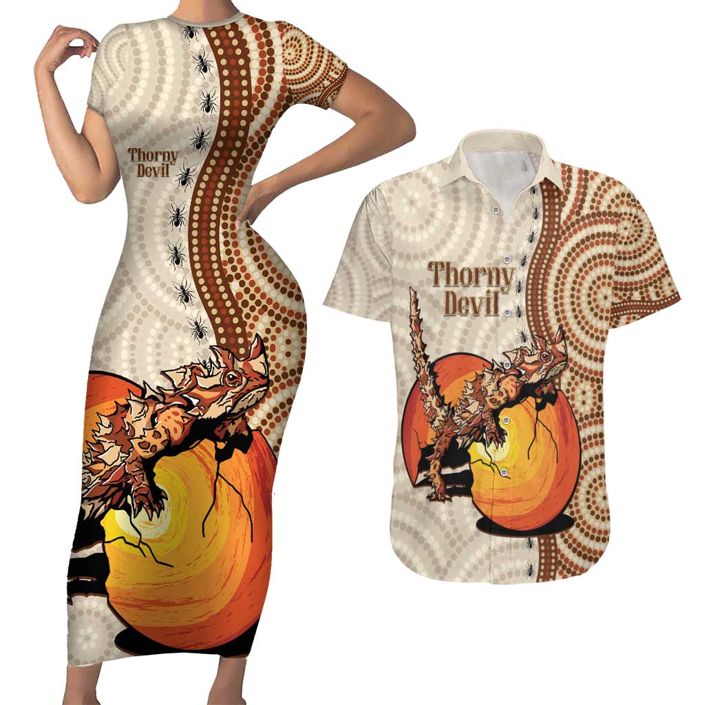 Thorny Devil Australia Couples Matching Short Sleeve Bodycon Dress and Hawaiian Shirt Baby Moloch Horridus With Ants - Aboriginal Art