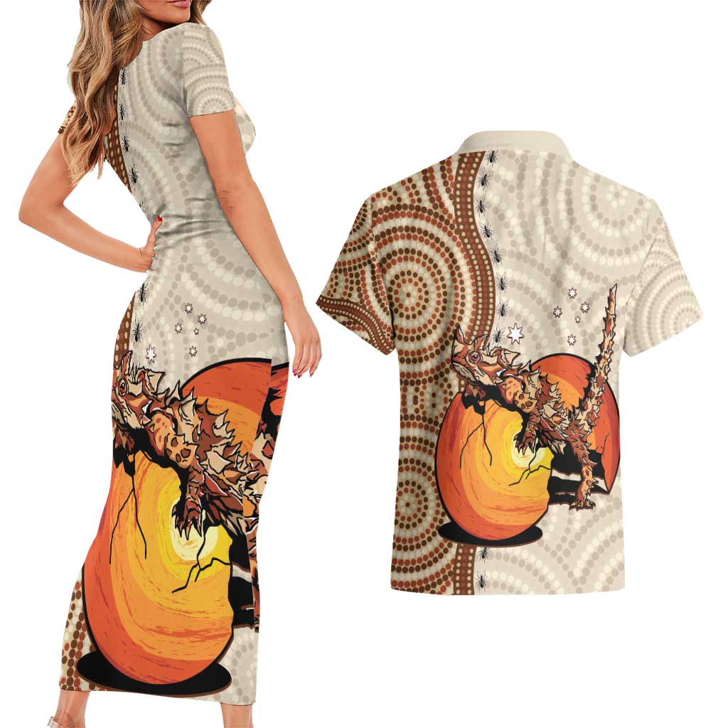 Thorny Devil Australia Couples Matching Short Sleeve Bodycon Dress and Hawaiian Shirt Baby Moloch Horridus With Ants - Aboriginal Art