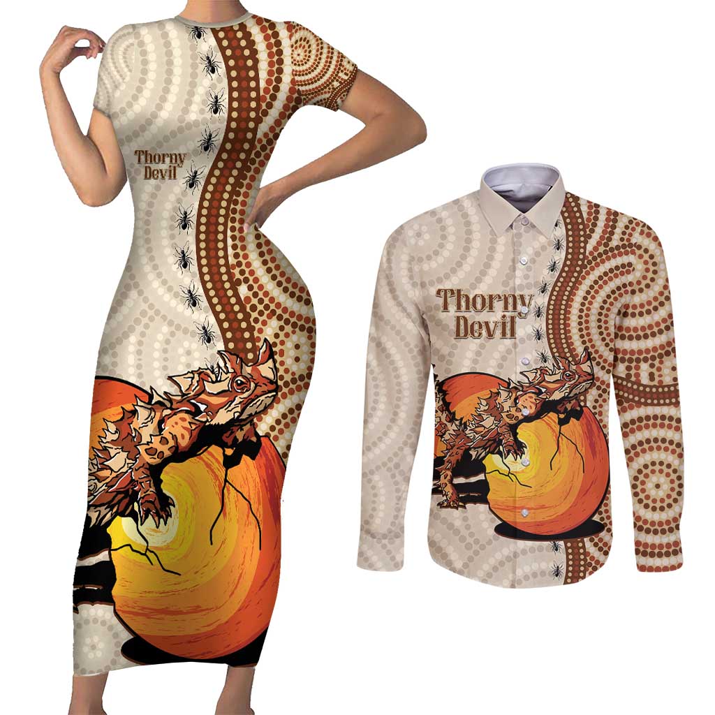 Thorny Devil Australia Couples Matching Short Sleeve Bodycon Dress and Long Sleeve Button Shirt Baby Moloch Horridus With Ants - Aboriginal Art