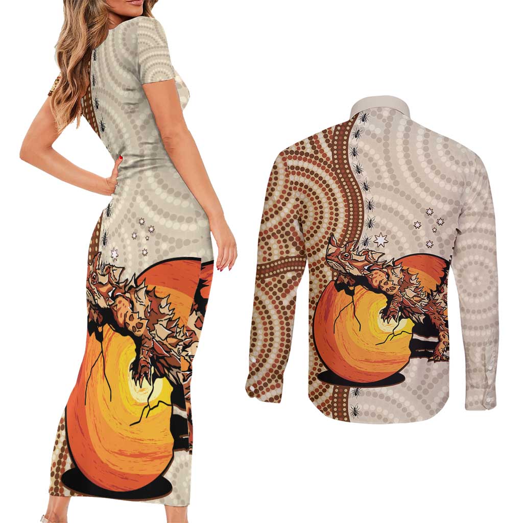 Thorny Devil Australia Couples Matching Short Sleeve Bodycon Dress and Long Sleeve Button Shirt Baby Moloch Horridus With Ants - Aboriginal Art