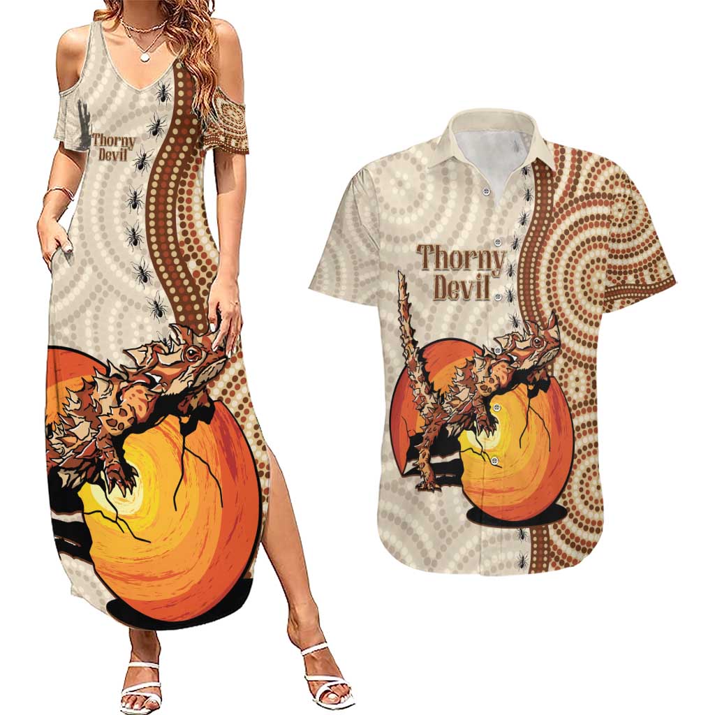 Thorny Devil Australia Couples Matching Summer Maxi Dress and Hawaiian Shirt Baby Moloch Horridus With Ants - Aboriginal Art