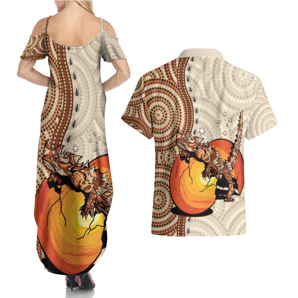 Thorny Devil Australia Couples Matching Summer Maxi Dress and Hawaiian Shirt Baby Moloch Horridus With Ants - Aboriginal Art